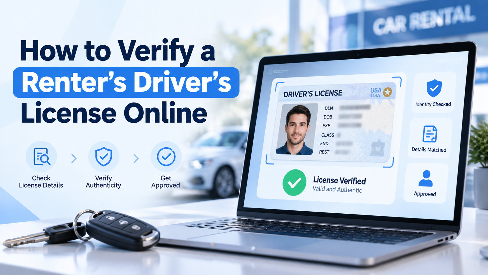 Renter verifying a driver's license on laptop