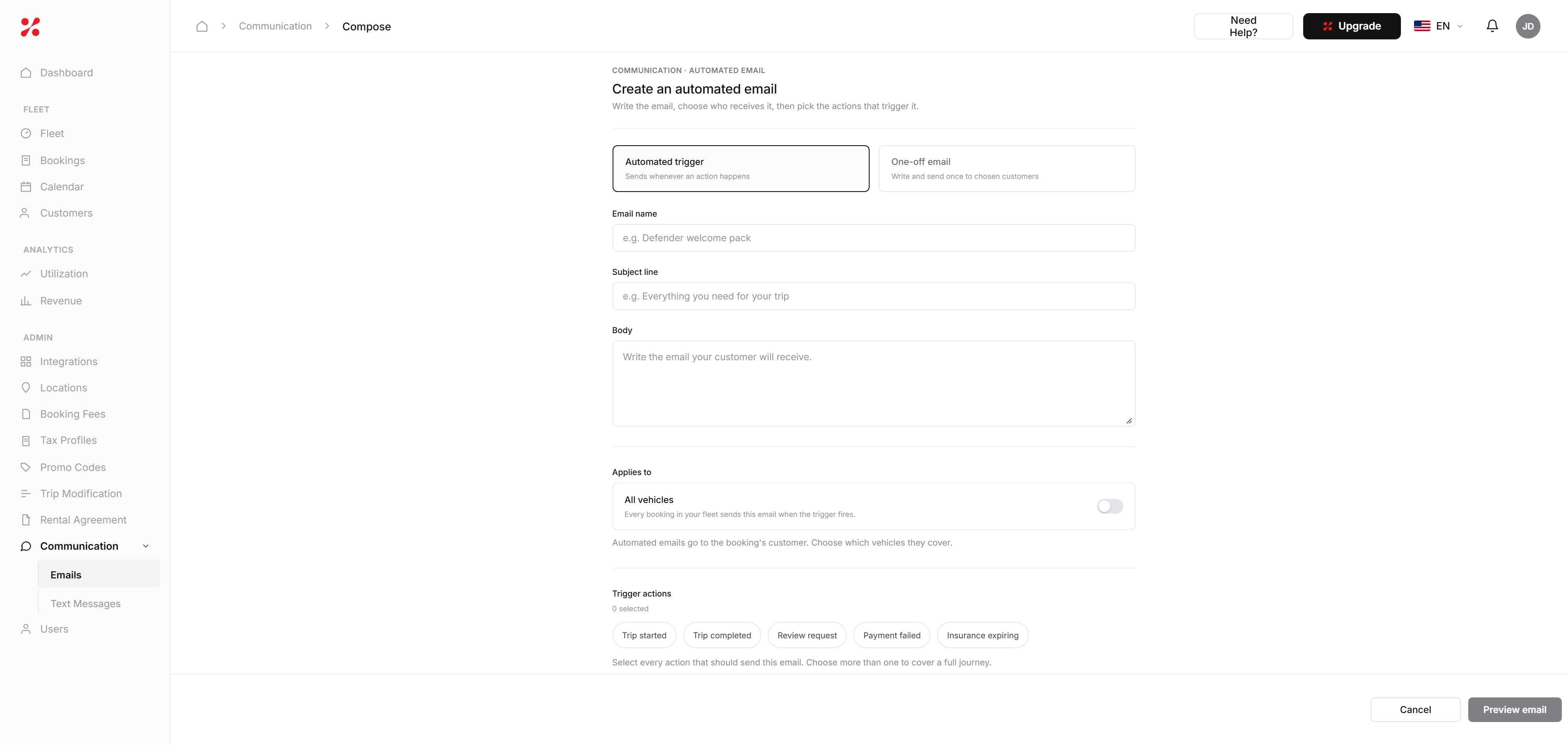 Creating a custom email automation in FleetHQ