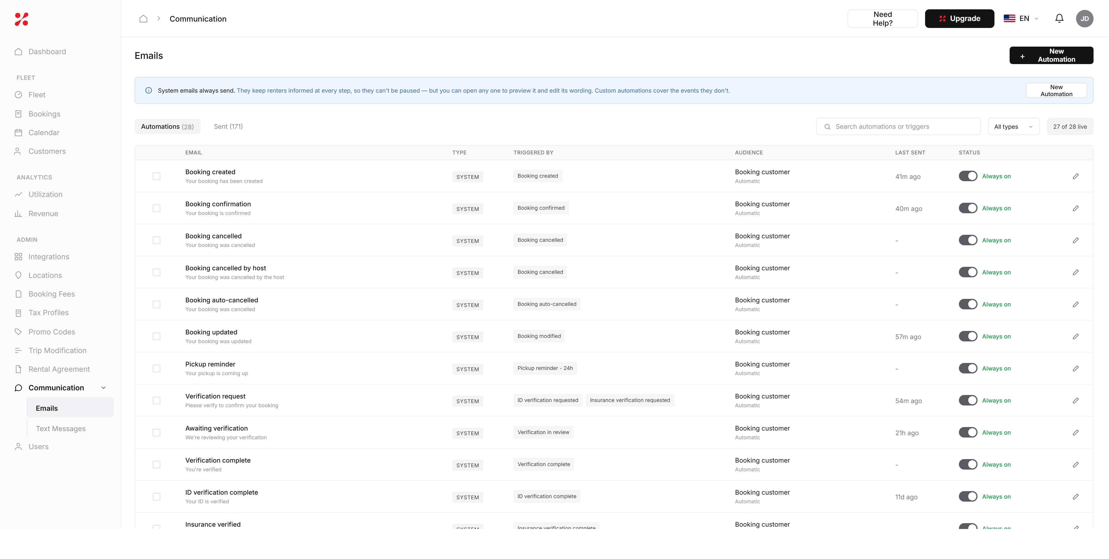 FleetHQ system emails configured for every booking and verification event