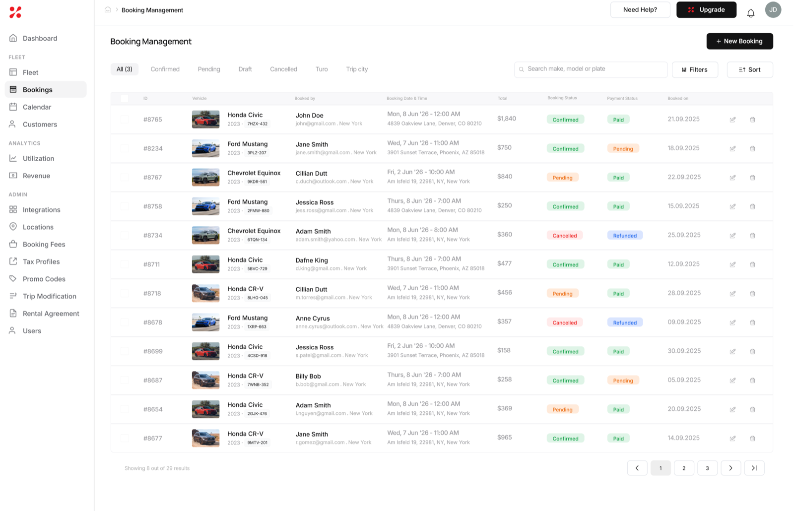 FleetHQ car rental booking management dashboard with reservation timeline