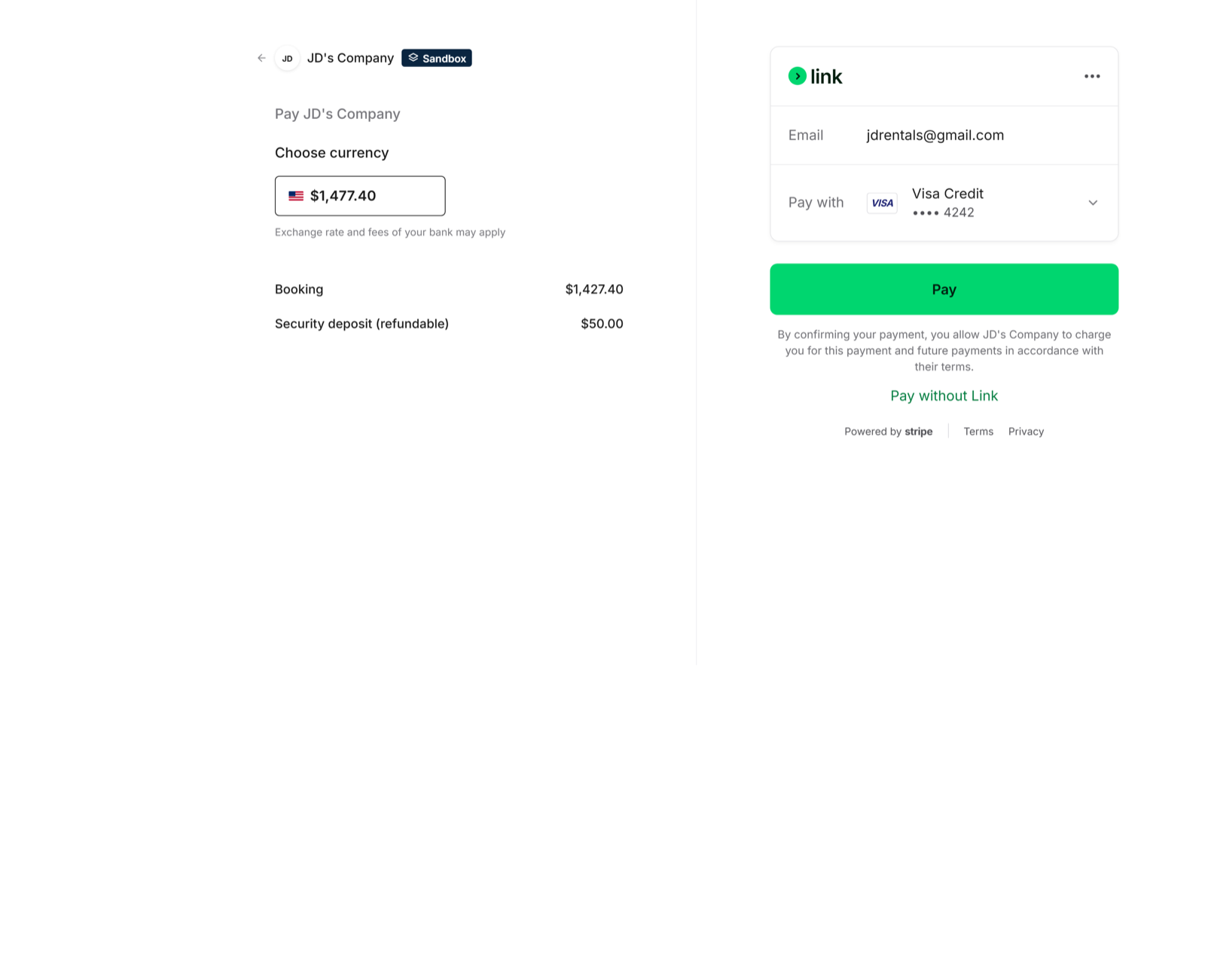 Stripe-powered rental checkout collecting a booking payment