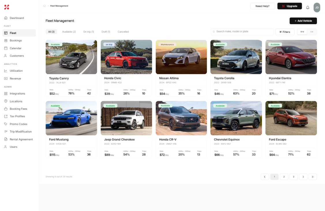 FleetHQ car rental fleet management dashboard showing vehicle availability and status