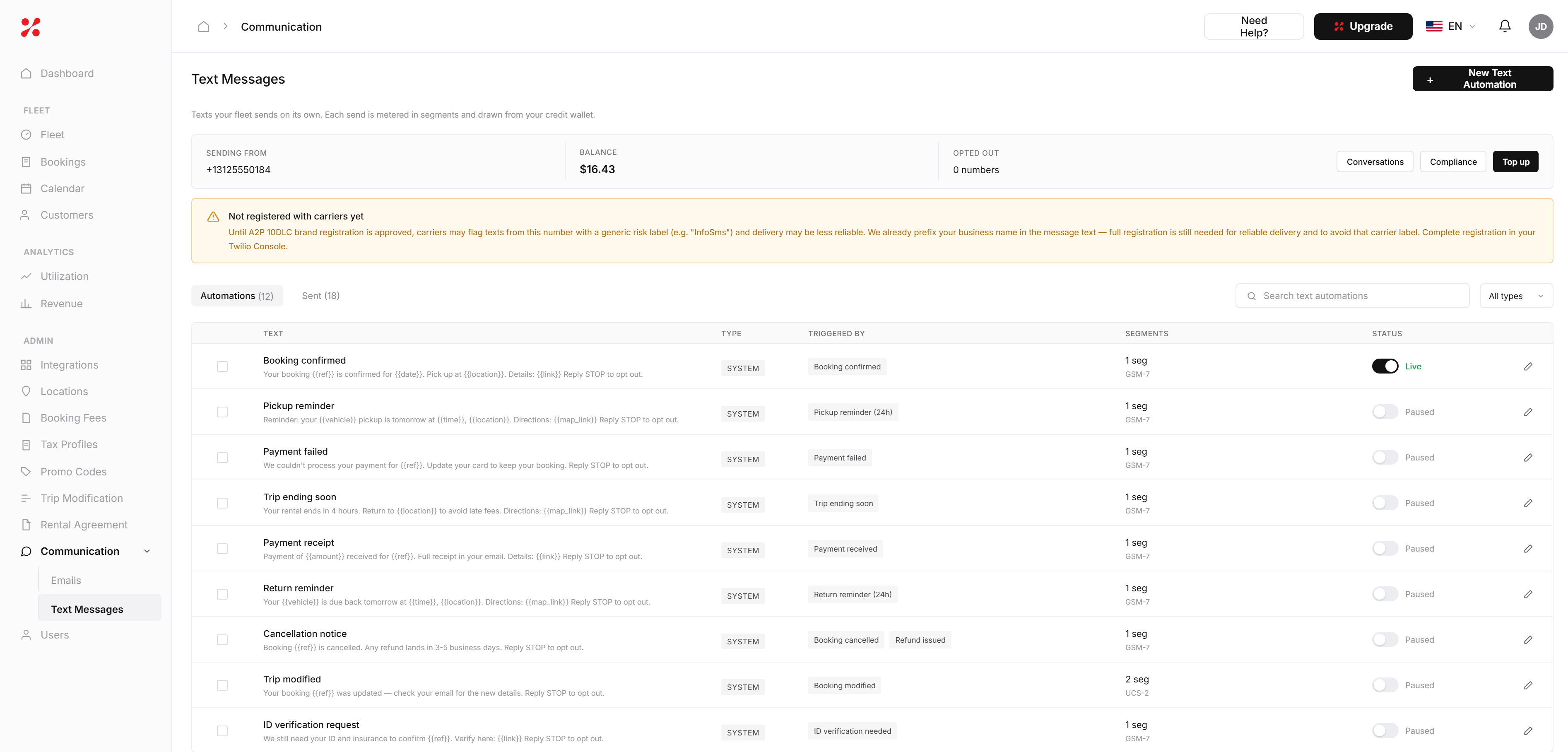 FleetHQ automated and one-off text messaging to renters with delivery status
