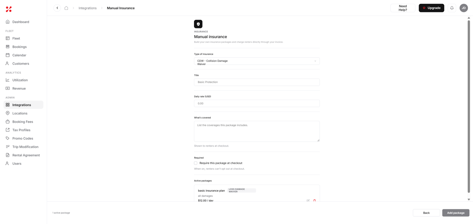 Renter confirming insurance coverage before contactless pickup in FleetHQ