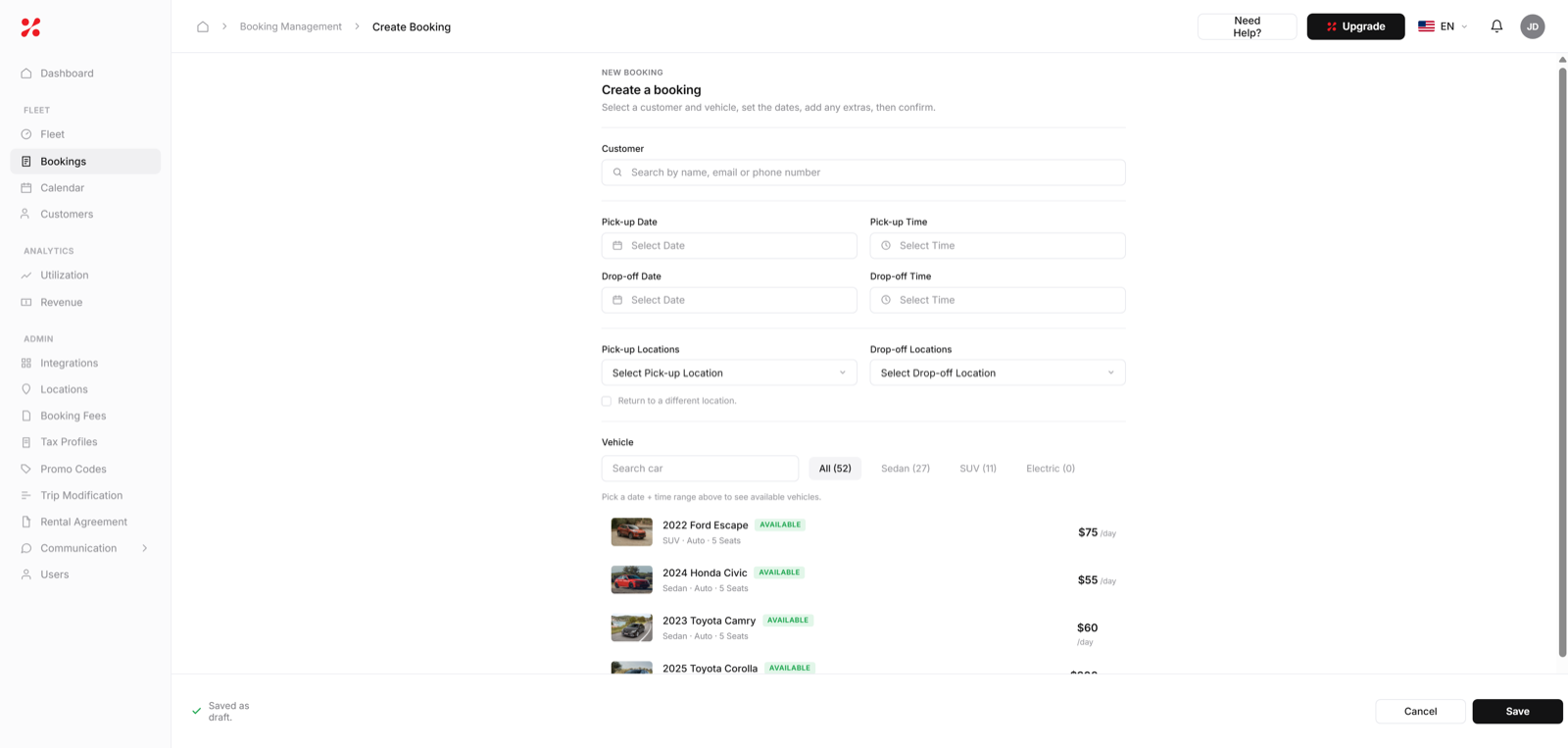 FleetHQ reservation details and payment workflow