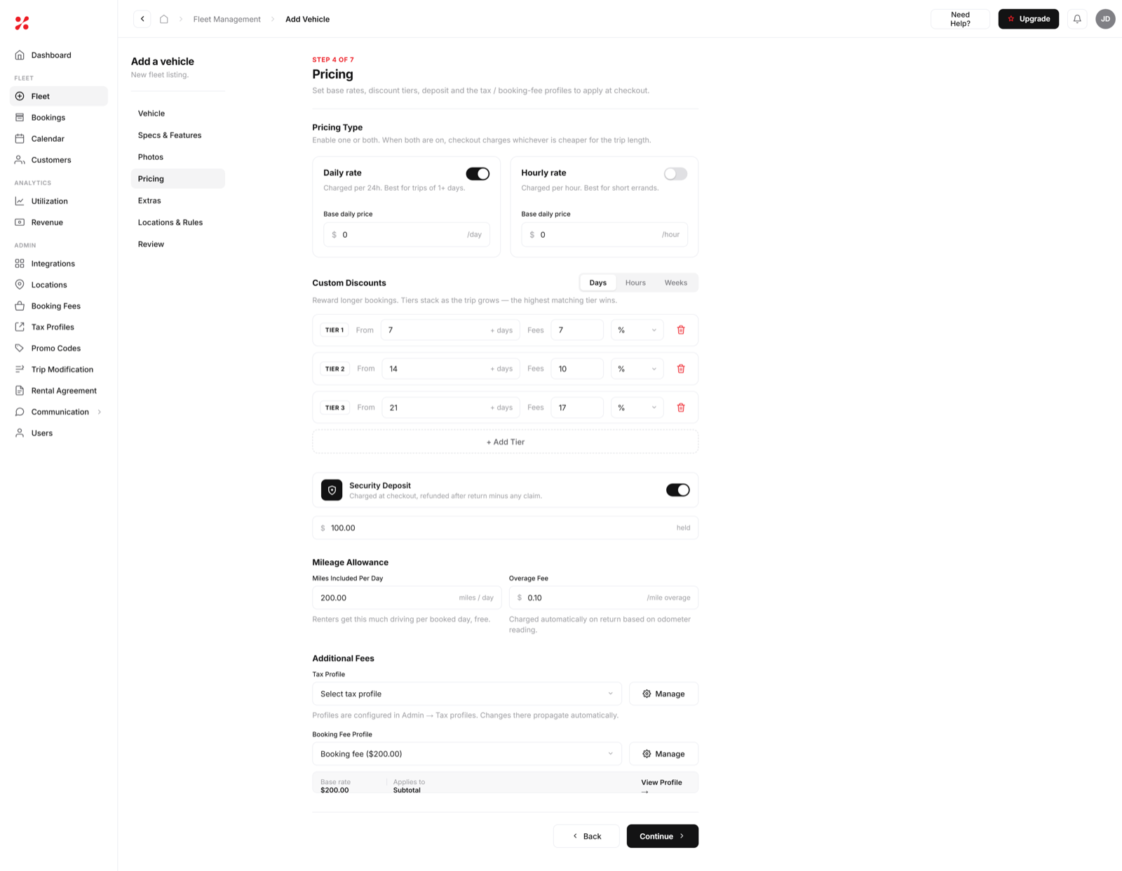 Hourly booking calendar for gig rentals