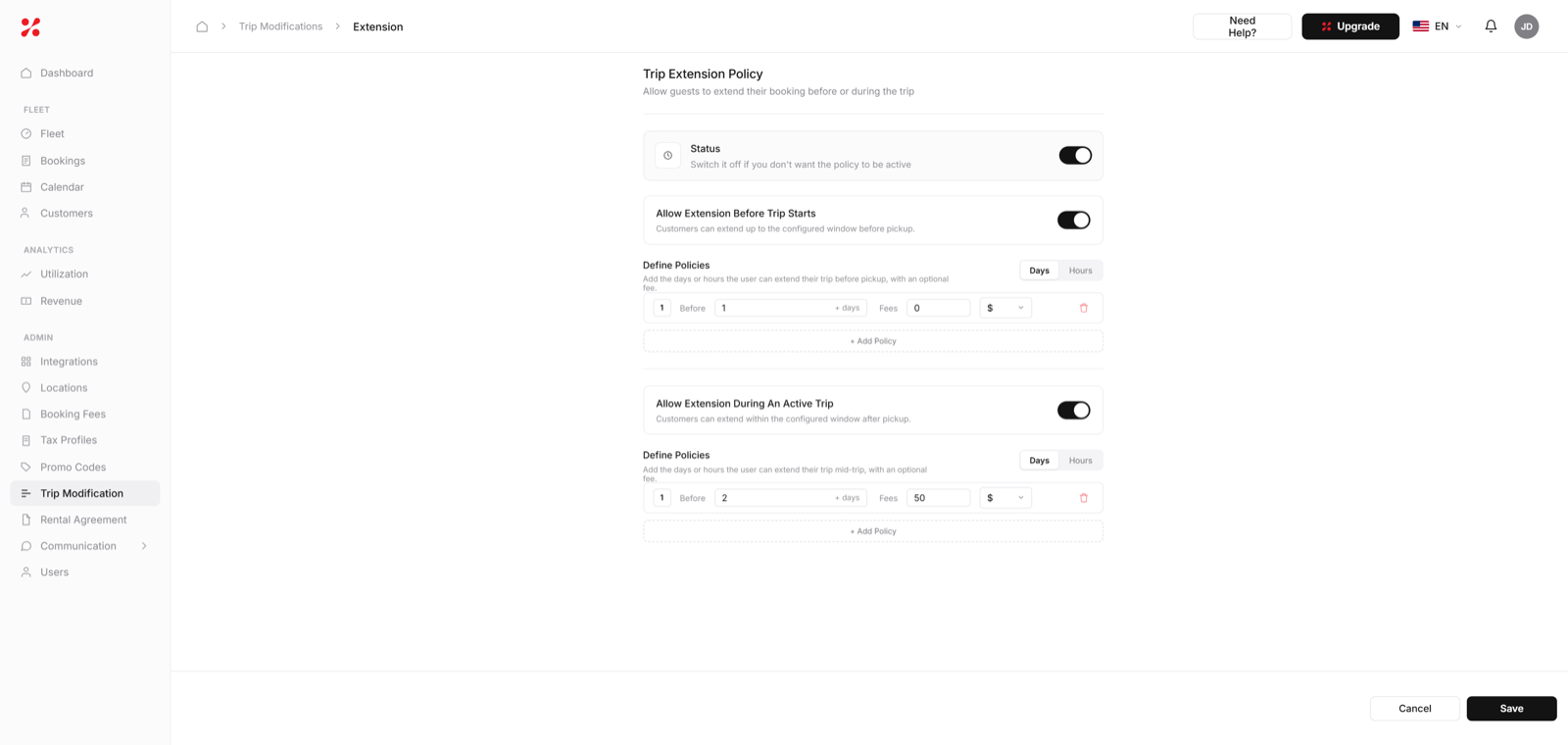 Renter requesting a car rental trip extension with one-click owner approval in FleetHQ