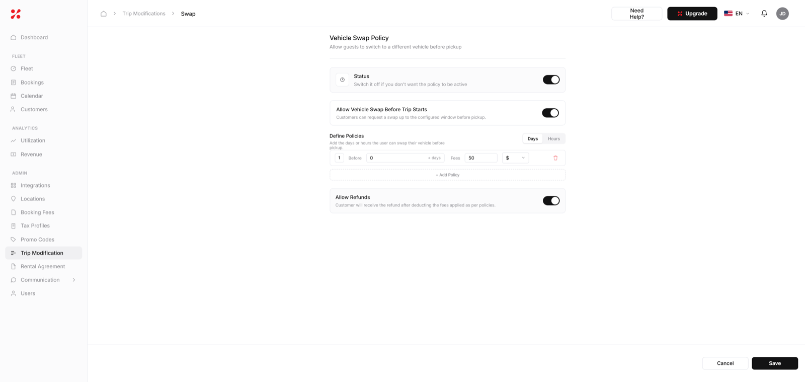 Trip modification timeline with owner approval