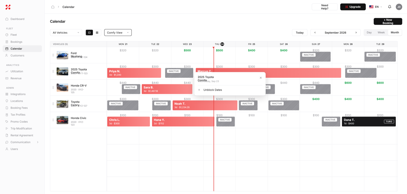 Multi-vehicle Turo calendar with maintenance blocks in FleetHQ