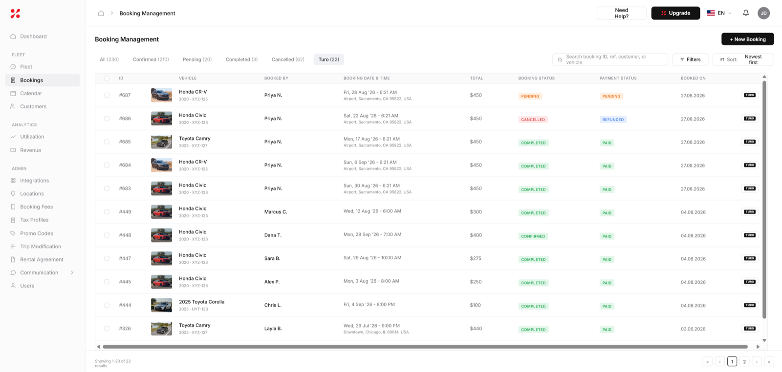 Turo host managing multiple vehicles and direct bookings in FleetHQ