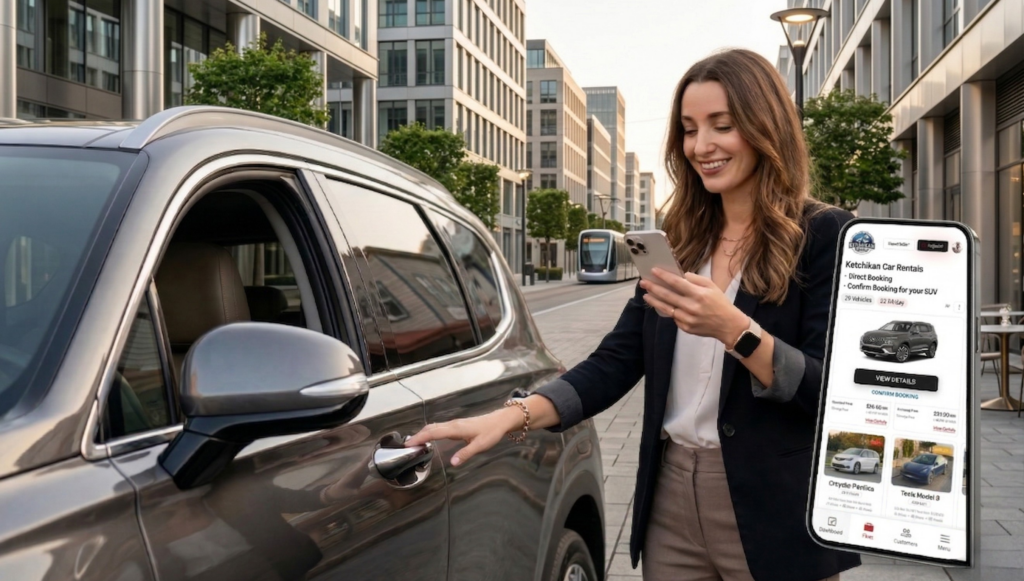 Customer using a mobile direct booking app to confirm an SUV rental while unlocking a vehicle in an urban location.